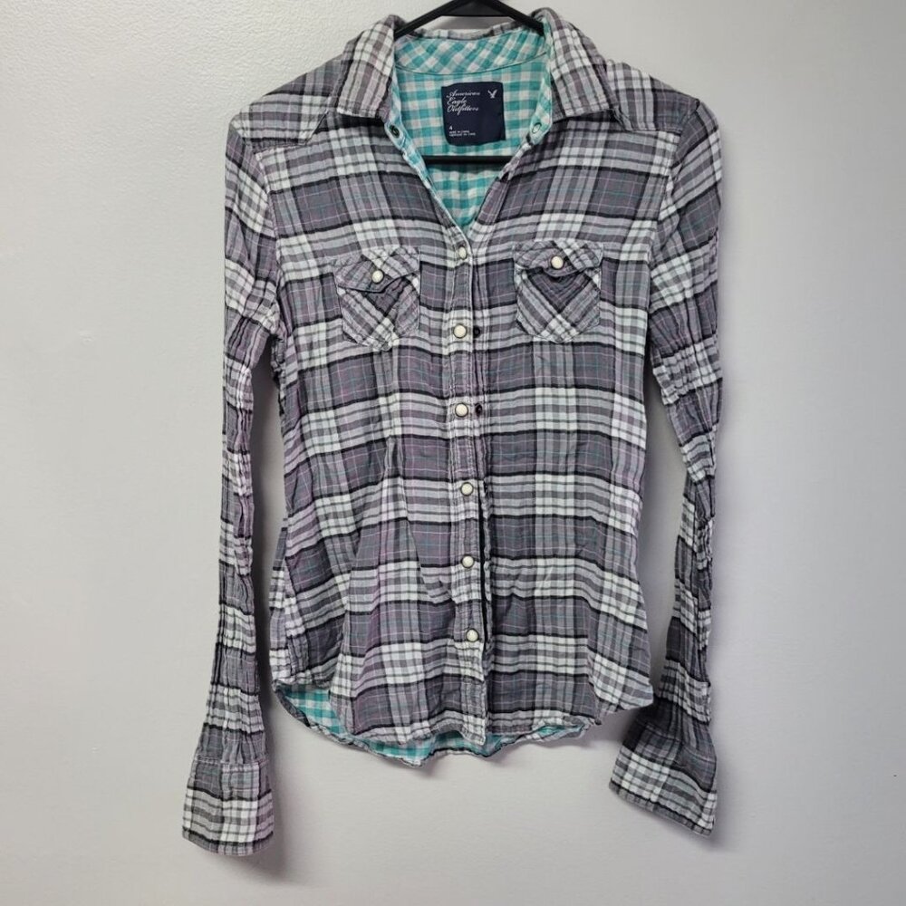 American Eagle Outfitters Plais Shirt Snap Pockets Women's Size 4‎ Small Gray
